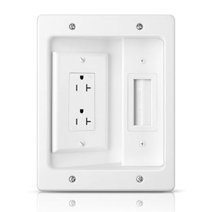Wall Cable Concealer Kit, in Wall Cable Management Kit for TV, Recessed Outlet with Cable Management Box, in Wall Power Kit Hides TV Cords and Cables, Fits All Plugs, White