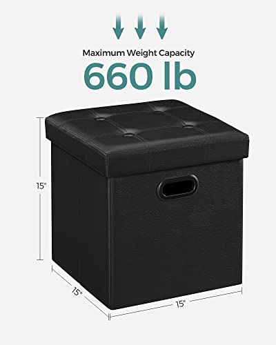 SONGMICS Mazie Collection - 15 Inches Ottoman with Storage, Footstool, Storage Ottoman with Metal Grommet Handles, Load 660 lb, for Dorm, Living Room, Bedroom, Synthetic Leather, Black ULSF30B