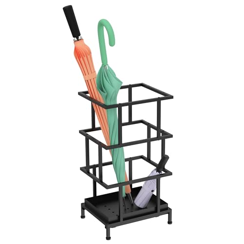 Alyoen Umbrella Holder for Entryway, Metal Umbrella Stand with Water Tray and Cane Holder, Adjustable Feet, 10.4 x 8.4 x 18.7 in, Suitable for Home, Office, and Shopping Mall (Black)
