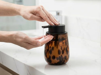 Marble Glass Liquid Soap/Lotion/Hand Sanitizer Pump Dispenser, Refillable for Kitchen and Bathroom Countertop (Amber)