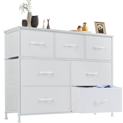 Dresser for Bedroom with 7 Drawers, Anti-Tip Fabric Storage Tower | Organizer Unit with Wood Top and Metal Frame, Organizer for Clothes, Closet, Entryway, Furniture, White