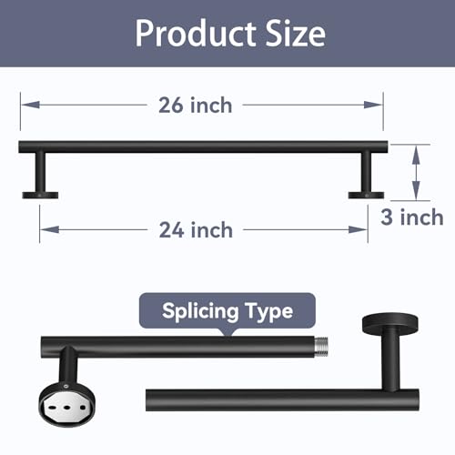 Matte Black Towel Bar, 24 Inch Bathroom Towel Rack | (Total Length 26-Inch), Towel Holder Wall Mounted, Thicken SUS304 Stainless Steel Towel Rod Modern Home Decor