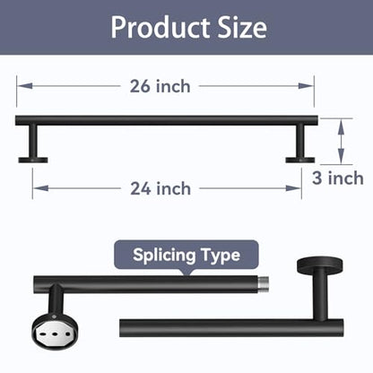 Matte Black Towel Bar, 24 Inch Bathroom Towel Rack | (Total Length 26-Inch), Towel Holder Wall Mounted, Thicken SUS304 Stainless Steel Towel Rod Modern Home Decor