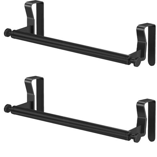 STWWO Over Cabinet Towel Holder with Hooks, 2 Pack Black Bars for Kitchen | Stainless Steel Over The Cabinet Towel Rack Bars, Dish Towel Holder for Kitchen Cabinet Doors