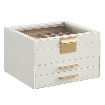 SONGMICS GISELLA Collection - Jewelry Box Organizer with Glass Lid, 3-Layer Jewelry Storage, with 2 Drawers, Modern Style, 8 x 9.1 x 5.3 Inches, Cloud White and Gold Color UJBC239WT