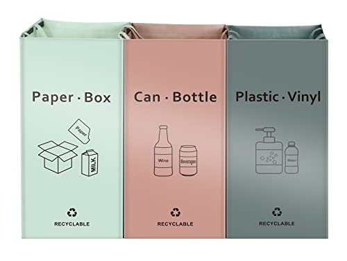 JIALAI HOME Separate Recycling Bin for Kitchen Home - Indoor Recycle Bins (Pink, Green, Gray) Waste Trash Sorting Bins, Reusable Waterproof Affordable Recycle Bags, Pack of 3 Bags