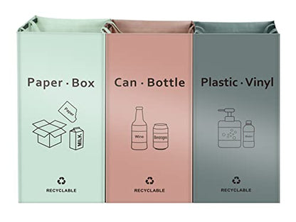 JIALAI HOME Separate Recycling Bin for Kitchen Home - Indoor Recycle Bins (Pink, Green, Gray) Waste Trash Sorting Bins, Reusable Waterproof Affordable Recycle Bags, Pack of 3 Bags