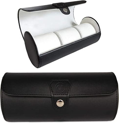 CASE ELEGANCE 3-Watch Travel Case Roll Organizer - Black | Vegan faux leather, for men, watch display case