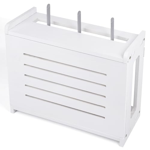 Router Shelf Wall Mount WiFi Router Storage Box Modem Cable Cover Organized Power Strip Cable Management Hider Rack By Solid Wood White