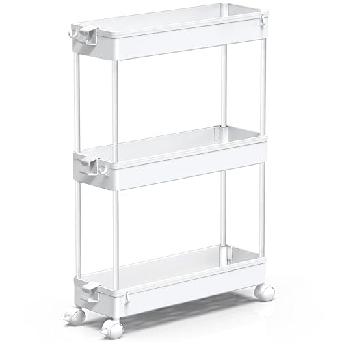 SPACEKEEPER Slim Rolling Storage Cart, 3 Tier Bathroom Cart Organizer,White | Narrow Rolling Cart with Wheels for Kitchen Office Bathroom Laundry Room,Mobile Utility Cart for Craft Art Makeup Nail Polish