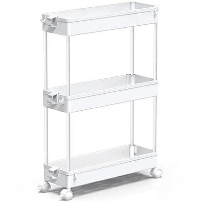SPACEKEEPER Slim Rolling Storage Cart, 3 Tier Bathroom Cart Organizer,White | Narrow Rolling Cart with Wheels for Kitchen Office Bathroom Laundry Room,Mobile Utility Cart for Craft Art Makeup Nail Polish