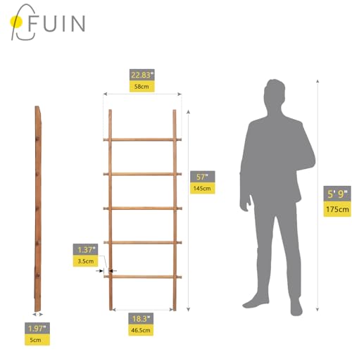 Blanket Ladder, 57in Rustic Extended Side Wood Decor Rack, Light Brown | 5 rungs, farmhouse quilt display holder, organize towel, hanging bags, leaning wall, bathroom and living room use