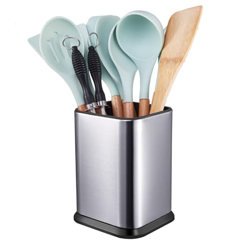 Stainless Steel Kitchen Utensil Holder for Countertop, Spoon Spatula Organizer,Modern Rectangular Large Cooking Utensil Caddy Counter,Utensil Crock Silver