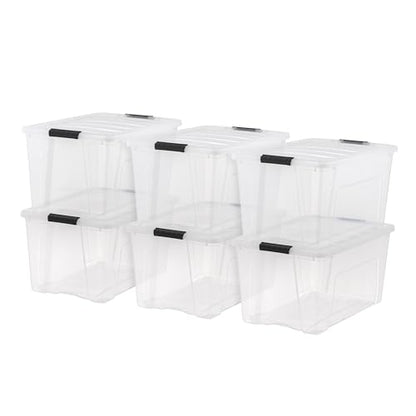 IRIS USA 6-Pack 72 Quart Storage Bins with Lids, Clear | Transparent design makes contents easy to find. Perfect for moving, blankets, clothing, and garage storage. Nestable design