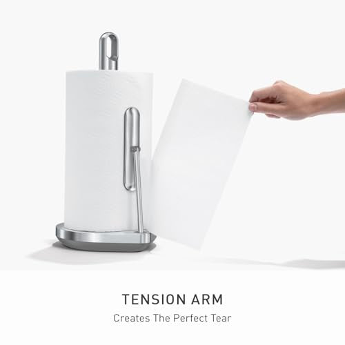 simplehuman Tension Arm Countertop Paper Towel Holder, Easy One-Handed Tear, Standing Weighted Base with Finger Loop, Heavy Duty, Brushed Stainless Steel