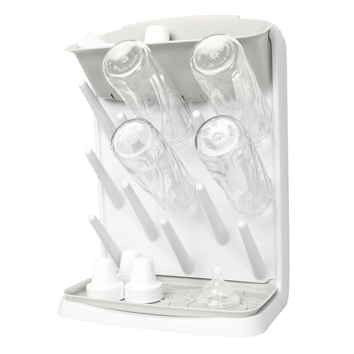 Ubbi Vertical Baby Bottle Drying Rack, Space Saving Countertop Bottle Dryer | 13-Peg Bottle Drying Rack Removable Drain Tray, Baby Organizer for Pump Parts, Pacifiers & Accessories, Dishwasher Safe, Oat