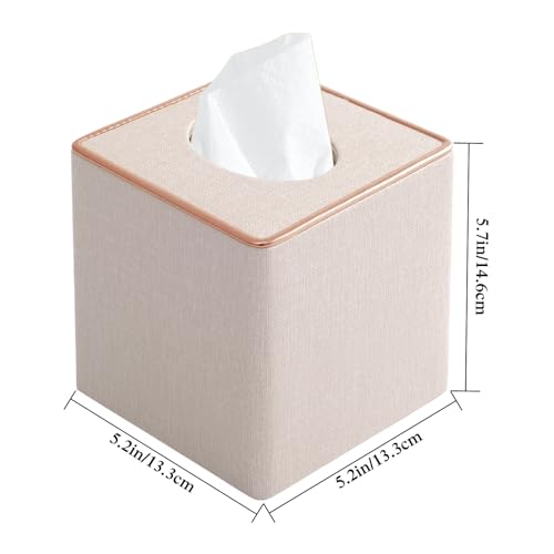 Linen Square Tissue Box Cover,Cube Tissue Box Holder－Excellent Rosegold Leather Decoration,Table Napkin Case Dispenser,Facial Tissues Organizer with Magnetic Bottom for Home Office Car(Beige)