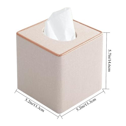 Linen Square Tissue Box Cover,Cube Tissue Box Holder－Excellent Rosegold Leather Decoration,Table Napkin Case Dispenser,Facial Tissues Organizer with Magnetic Bottom for Home Office Car(Beige)