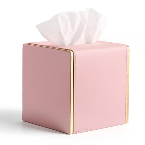 Sumnacon PU Square Tissue Box Cover, Magnetic Bottom, Waterproof, Pink | Stylish Cube Tissue Box Holder with Gold Edging Fits Vanity, Toilet Tank, Dresser, Nightstand, Table, Countertop, Office, Car