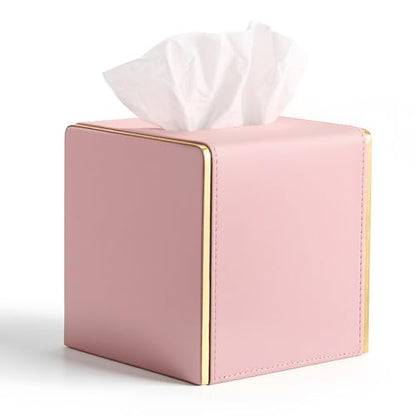 Sumnacon PU Square Tissue Box Cover, Magnetic Bottom, Waterproof, Pink | Stylish Cube Tissue Box Holder with Gold Edging Fits Vanity, Toilet Tank, Dresser, Nightstand, Table, Countertop, Office, Car