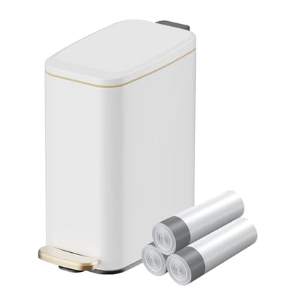 KUK Slim Bathroom Trash Can with Lid, 1.6 Gal / 6L Stainless Steel Small Garbage Bin with Detachable Inner Bucket, Step Pedal, Silent Close, Wastebasket for Toilet, Bedroom, Home, Office (White)