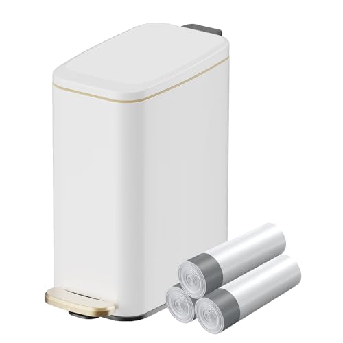 Slim Bathroom Trash Can with Lid, 1.6 Gal / 6L Sta... (Matt White | Stainless Steel)