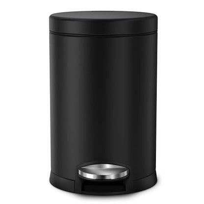 simplehuman Round Step Can, 4.5L / 1.2 Gallon Compact Bathroom Trash Can, 150,000-Step Pedal, Lid Shox® Silent Close, Removable Inner Bucket, Matte Black Steel