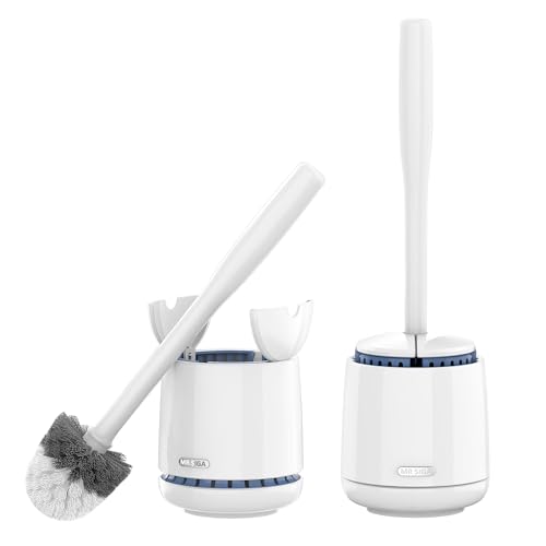 MR.SIGA Toilet Bowl Brush and Holder, Sturdy Long Handle, White, 2 Pack | Automatic Lid Design, toilet brush and holder set with replaceable toilet head, toilet bowl cleaner brush, toilet scrubber
