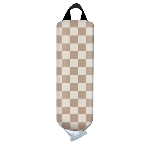Plastic Bag Holder, Wall Mount Grocery Bag Organizer, Funny Hanging Trash Storage Dispenser for Home Kitchen Cute Brown Checkboard