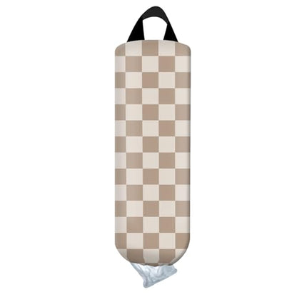 Plastic Bag Holder, Wall Mount Grocery Bag Organizer, Funny Hanging Trash Storage Dispenser for Home Kitchen Cute Brown Checkboard