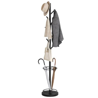 Coat Rack Freestanding with Umbrella Holder, Coat Rack Stand with 8 Hooks, Heavy Duty Coat Tree for Entryway, Modern Clothing Rack, Metal Coat Hanger Stand for Bedroom, Office, Black YM03BB