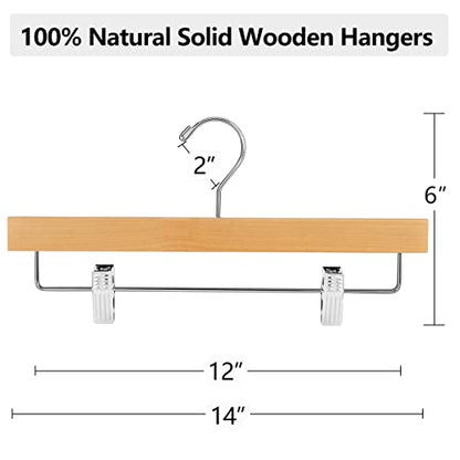 20pcs Wooden Pants Hangers Solid Pants Hanger with Adjustable Clips 14 Inch Natural Wood Skirt Hangers Trousers Bottom Hanger with Non-Slip Clips and 360° Swivel Hook