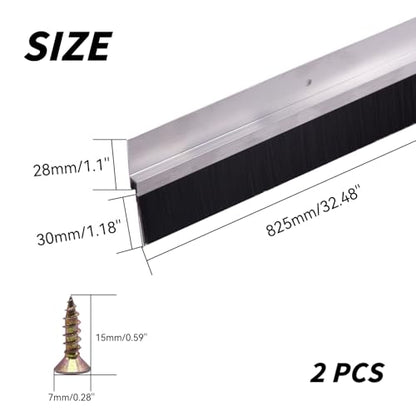 2Pack 32 inch Door Bottom Sweep for Exterior Doors with 1.1 inch PP Soft Brus, H-Shape Aluminum Dustproof Bottom of Door Weatherstrip, Silver