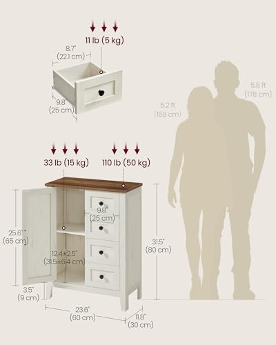 VASAGLE LIRY Collection - Storage Cabinet, Farmhouse Bathroom Floor Cabinet with 4 Drawers, Freestanding Storage Organizer, Barn Door, Adjustable Shelf, Rustic White, UBBK753W01