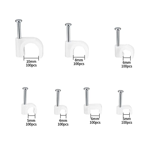 700 Pcs Cable Clips with Steel Nails, Cable Wire Cord Management Clips, White Ethernet Cable/Coax Cable/Cable Cord Holder Staples Clips with Tacks Nails for Wall, 4mm 5mm 6mm 8mm 10mm