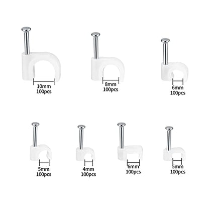 700 Pcs Cable Clips with Steel Nails, Cable Wire Cord Management Clips, White Ethernet Cable/Coax Cable/Cable Cord Holder Staples Clips with Tacks Nails for Wall, 4mm 5mm 6mm 8mm 10mm