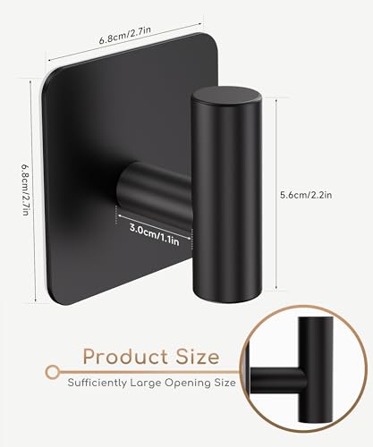 Aikzik 4 Pack Large Heavy Duty Wall Hooks - 26lb Max, Stainless Steel Adhesive Towel Hook, Shower Hooks for Hanging Towel, Coat, Robe, Wall Hook for Use in Bathroom, Kitchen and Door, Matte Black