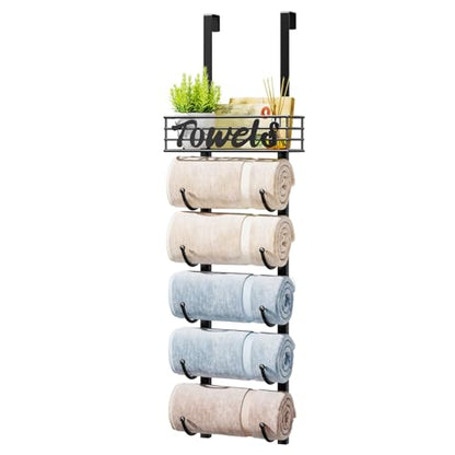 HapiRm Towel Racks for Bathroom Storage - 6 Tier Over The Door & Wall Mount Rolled Towel Storage Organizer Holder with Metal Shelf Basket for Small Bathroom, Camper, Rv - Black, Patented