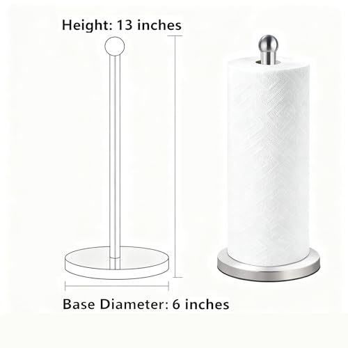 Paper Towel Holder Countertop, Freestanding Kitchen Paper Holder Stand, One-Handed Tear, Stainless Steel, Paper Towel Dispenser with Weighted Base for Standard Towel Rolls, Brushed Nickel