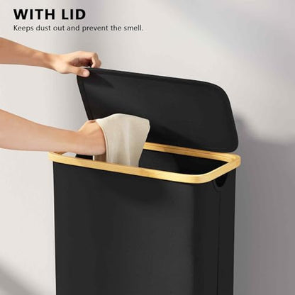 SpaceAid Slim Laundry Hamper with Lid, 65L Narrow Clothes Basket Bin with Bamboo Handles, Skinny Tall Collapsible Hamper for Bedroom, Bathroom, Dorm, Laundry Room - Black