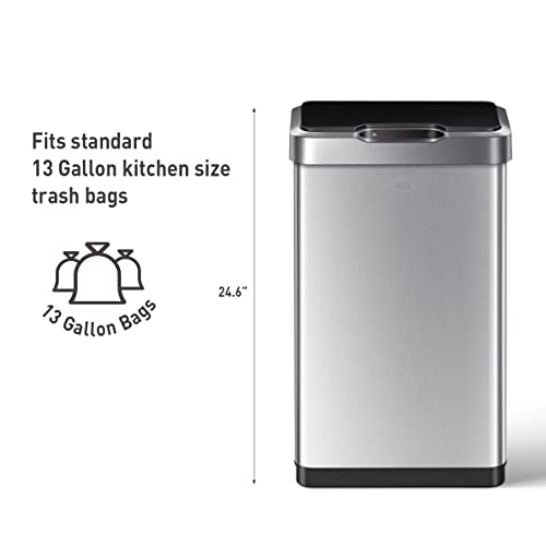 EKO Mirage-T 50 Liter / 13.2 Gallon Touchless Rectangular Motion Sensor Trash Can or Recycling Bin, Brushed Stainless Steel Finish
