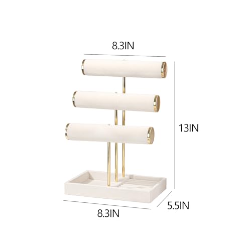 Pangkeep 3 Tier Bracelet Necklace Holder,Jewelry Displays for Vendors,T Bar Velvet Jewelry Stand with Tray,Jewerly Organizer for Bangles Necklace Scrunchie Watches Rings (Beige)