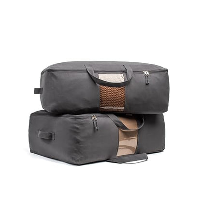 Soft Canvas Storage Bags with Zipper. Thick Breathable, 2pc King/Queen Comforter Organizer. Four Carrying Handles and Window. Large 25x19x9in Bag for Sheets Blankets Bedding Pillows, Clothes (Grey)