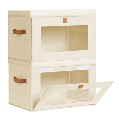Large Closet Storage Organizer - Clothes Storage Bins with Handles & Window, Collapsible Decorative Boxes with Lids, Fabric Containers for Living Room, Dorm, 2 Pack, Beige