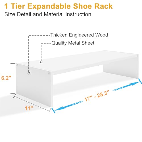 Cidaziya Expandable 1 Tier Shoe Rack for Shoe Cabinet, 1 Tier Stackable White Shoe Shelf Organizer for Closet, Sturdy Metal and Wood Structure, Hold 4-6 Pairs of Shoes
