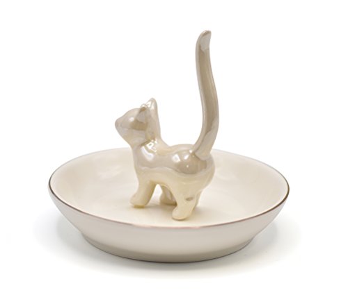 ROSA&ROSE Cat Ring Holder Trinket Tray Ceramic Jewelry Dish Decorative Ring Holder/Trinket Tray Engagement Wedding Birthday Gifts for Women Her(Pearl White)