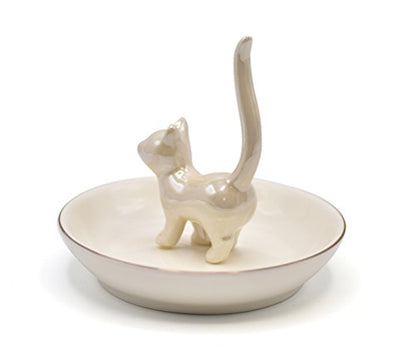 ROSA&ROSE Cat Ring Holder Trinket Tray Ceramic Jewelry Dish Decorative Ring Holder/Trinket Tray Engagement Wedding Birthday Gifts for Women Her(Pearl White)