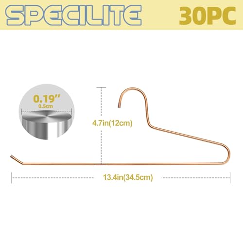 SPECILITE 30 Pack Open Ended Rose Gold Metal Pants Hangers Heavy Duty | Slim Space-Saving, Waterproof and Scratch-resistant, Sturdy Hangers for Jeans, Slacks, Leggings, Towel, Scarf