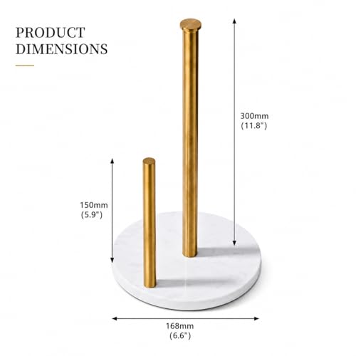 Brushed Gold Paper Towel Holder,Stainless Steel Paper Towel Holder for Kitchen Roll Organize, Standard or Jumbo-Sized Roll Paper, Countertop Roll Dispenser with Marble Base