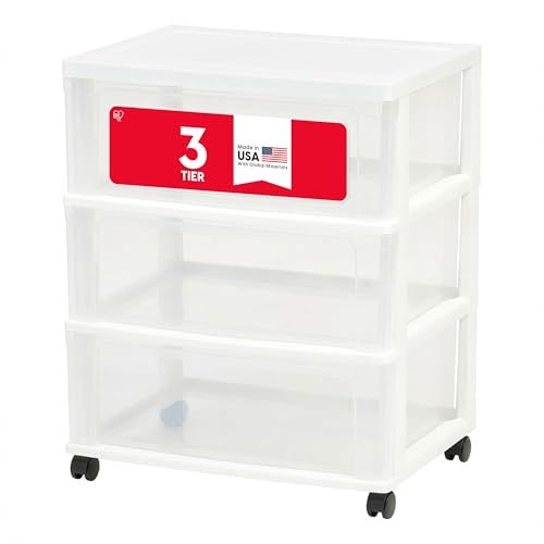 IRIS USA 3-Drawer Wide Storage Cart with Wheels, Organizer, White | Store clothing, towels, office supplies, craft materials and household essentials with organized storage around your home
